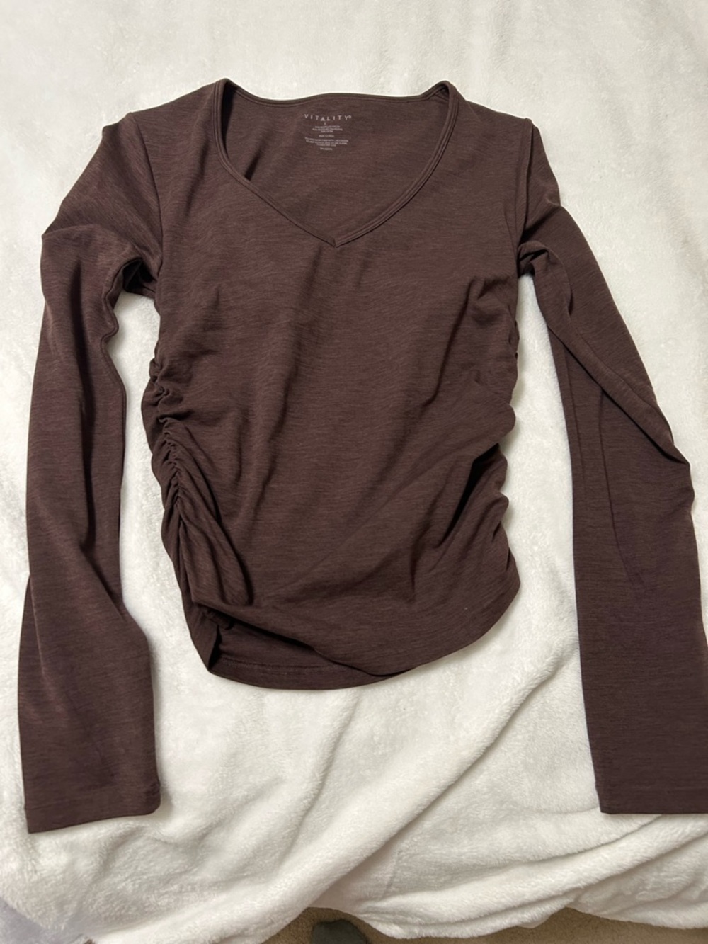 Long-Sleeve V-Neck Vitality Ruched Side Top — Brown